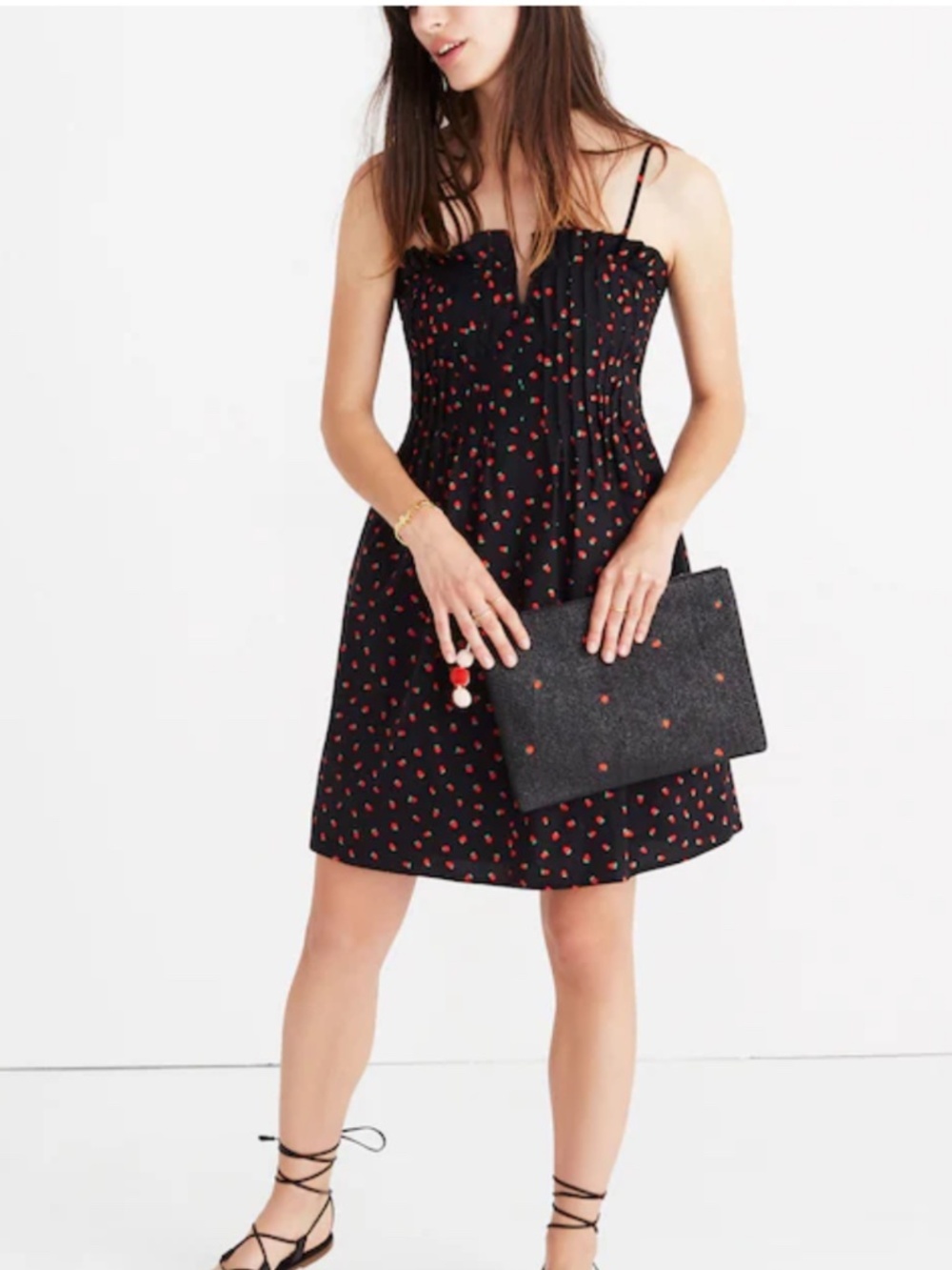 Madewell Cami Dress Strawberry Print Pintuck Black Mini Poplin Cotton Sundress 6